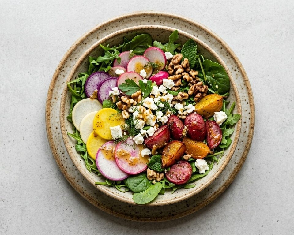 Sałatkę z pieczonych i surowych rzodkiewek z fetą i miodowym dressingiem