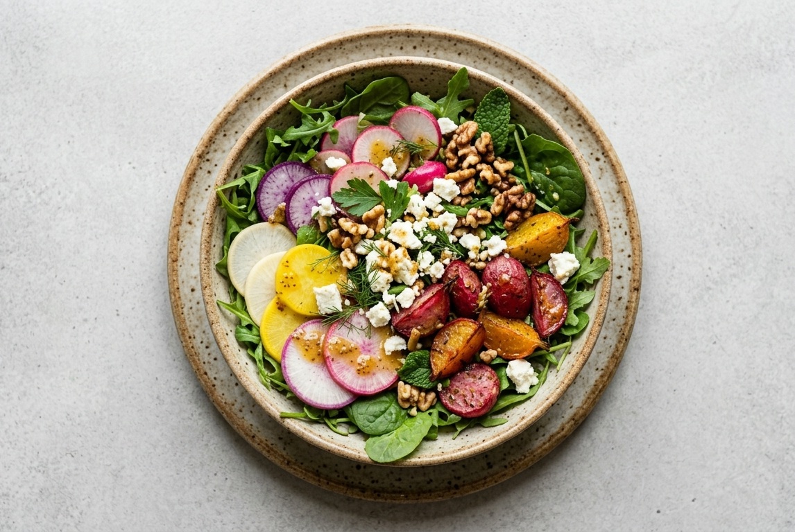 Sałatkę z pieczonych i surowych rzodkiewek z fetą i miodowym dressingiem