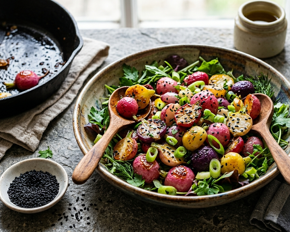 Glazurowane kolorowe rzodkiewki z patelni z dymką i czarnym sezamem.
