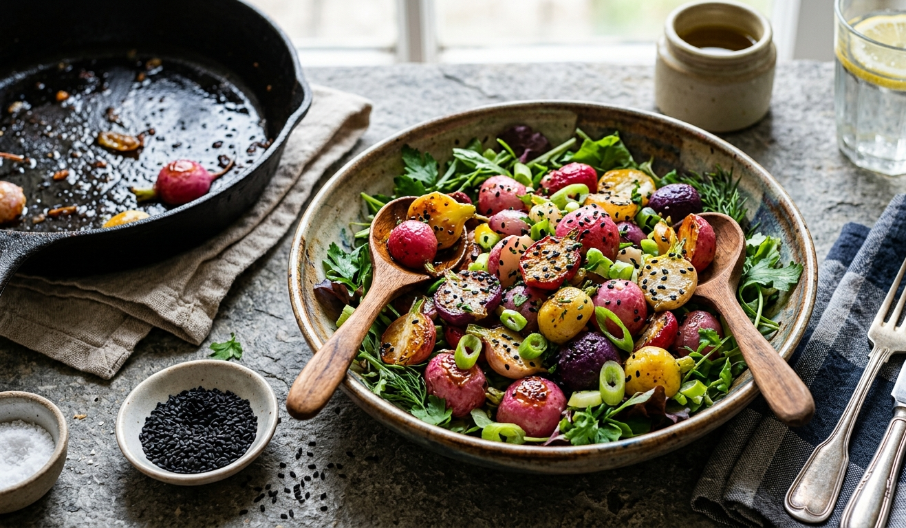 Glazurowane kolorowe rzodkiewki z patelni z dymką i czarnym sezamem.